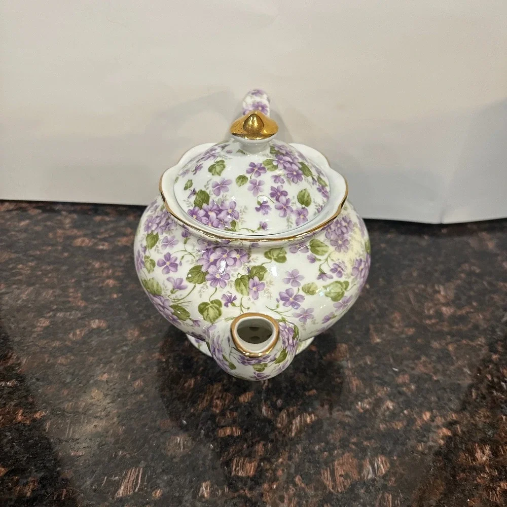Victorias Garden Purple Violets Floral Porcelain Teapot Gold Trim China Glossy